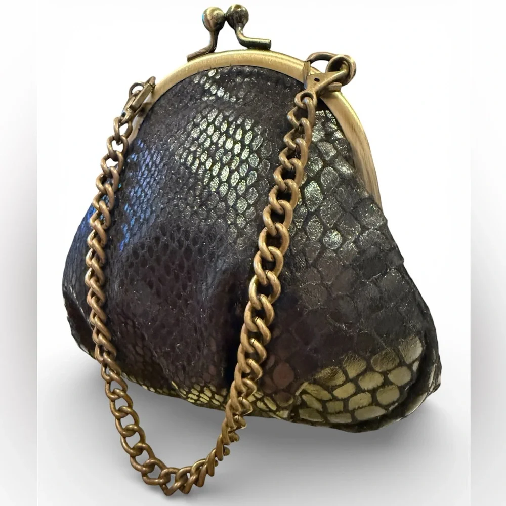 Maggi B Elegant Black Kiss Lock with Chain Mini Purse 5”x 5.5”